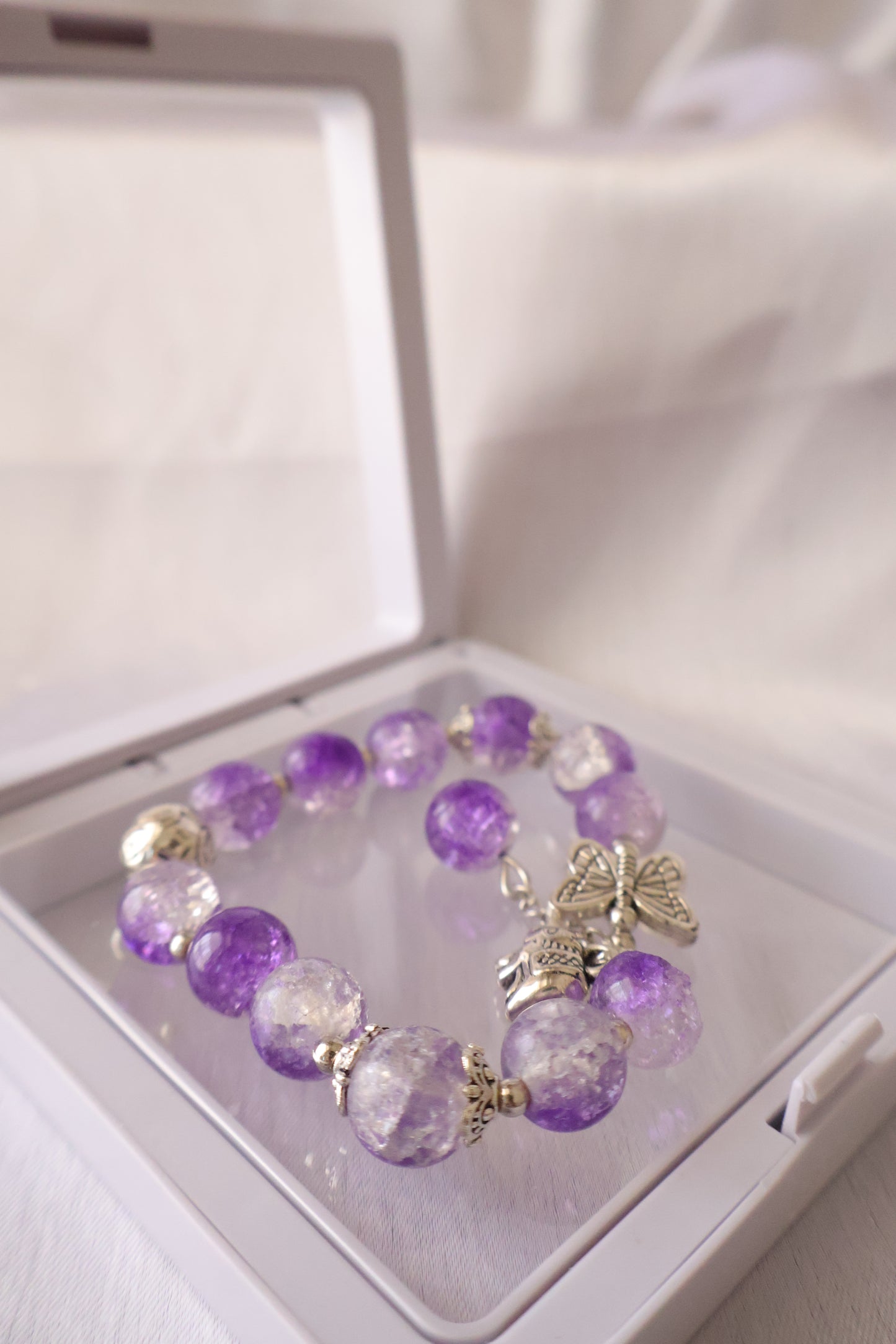 Lavendar Glow Butterfly Charm Crystal Beaded Bracelet