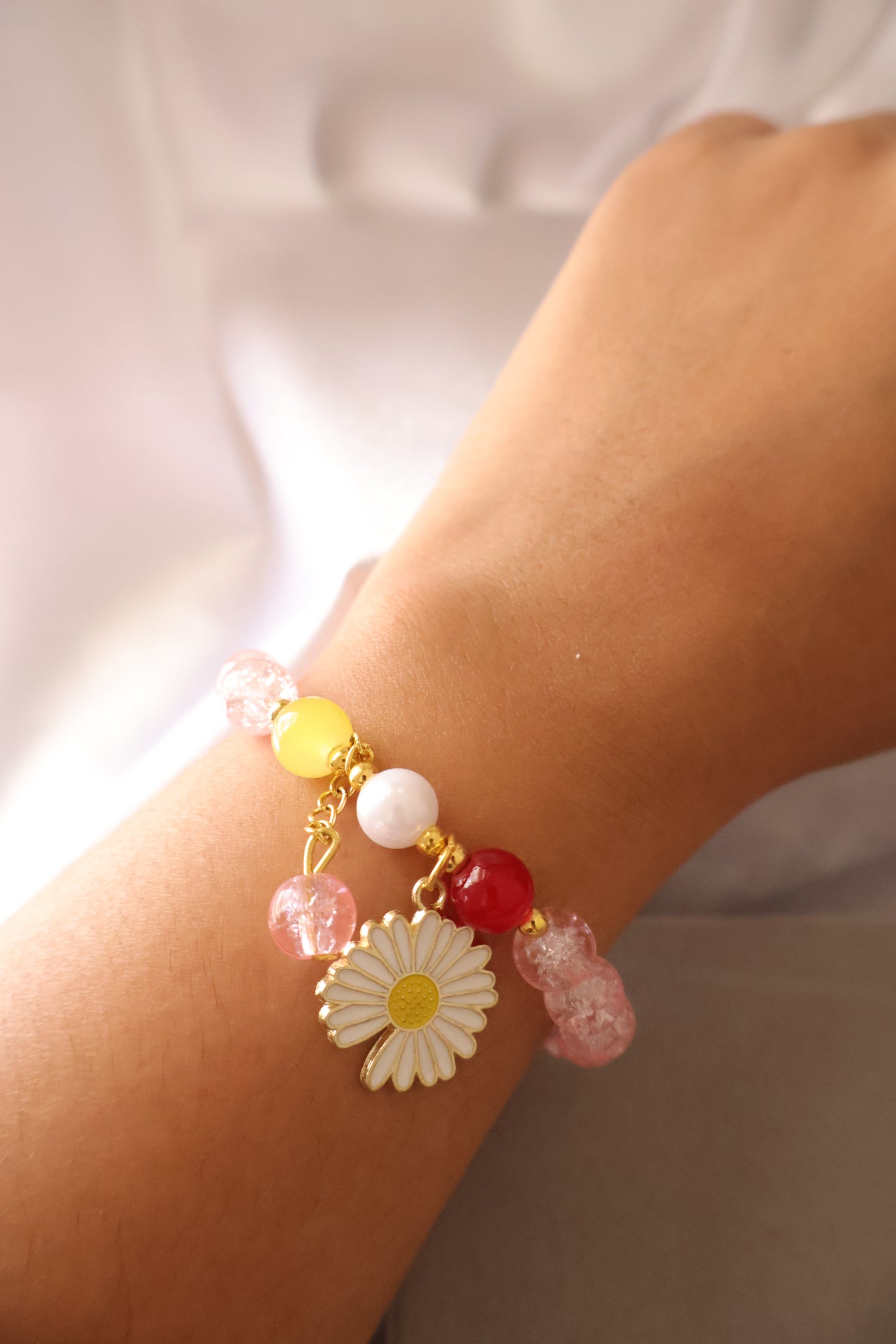 Pink Crystal beaded flower charm bracelet