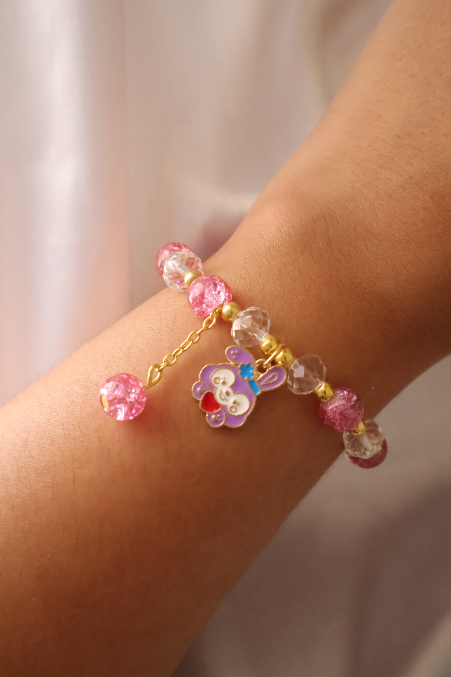 Pink Bunny Charm Crystal Beaded Bracelet