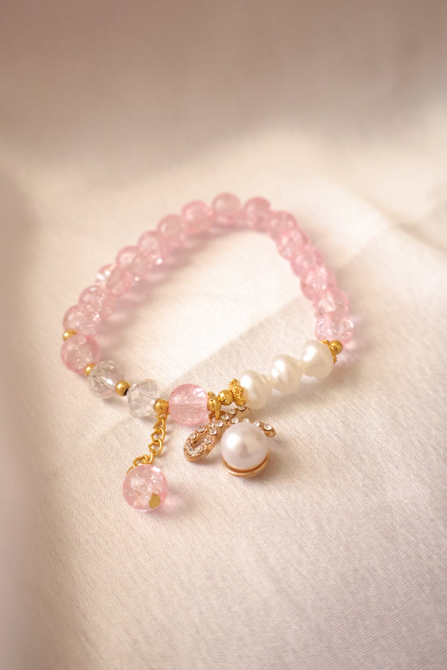 Bow tassel Pink Crystal Beaded Bracelet