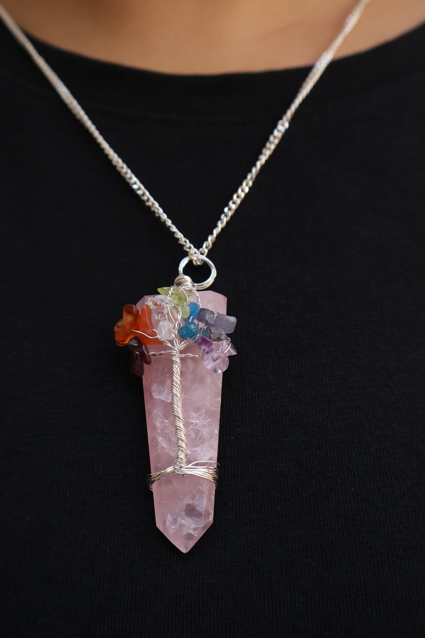 Silver Plated Rose Quartz 7 Chakra Necklace