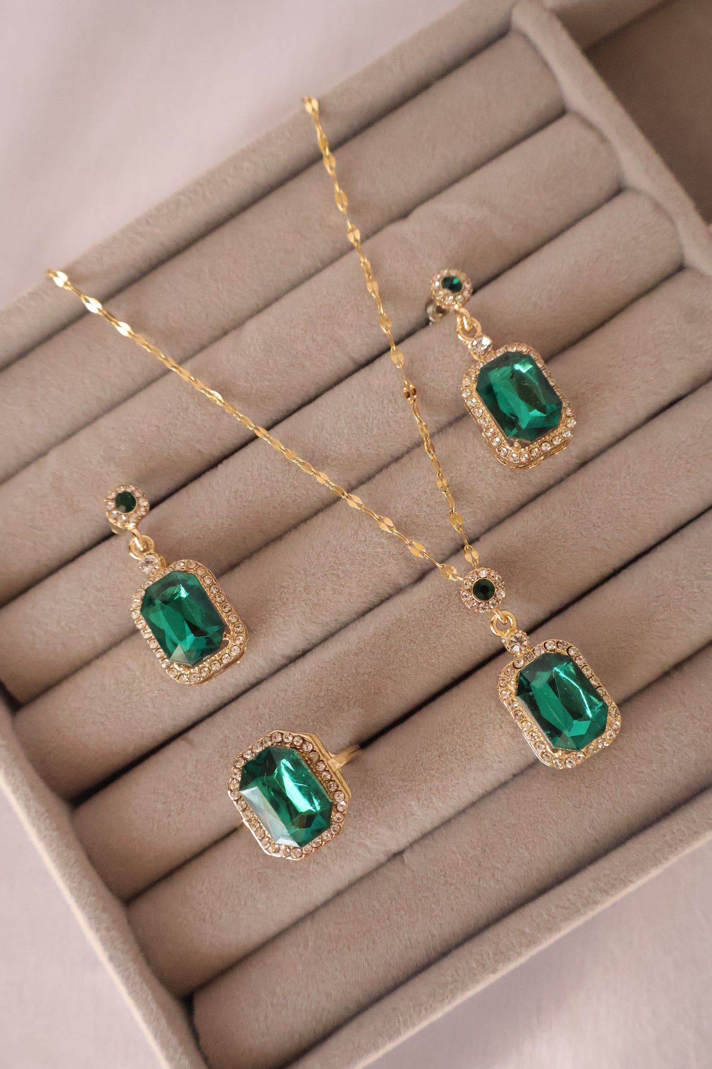 Emerald Pendant set with Earring & Ring (Gold Plated - Anti Tarnish)